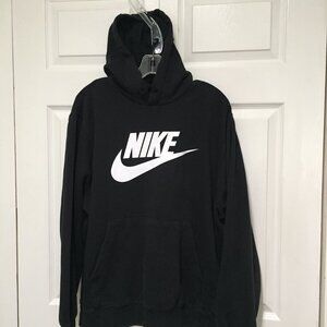 Nike Club Fleece Hoodie Men's L  Black White Big Swoosh Logo Spellout Pullover
